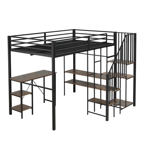 Lit Mezzanine Métal 120x200 Cm Avec Bureau, Penderie Ouverte Et Escalier-rangement