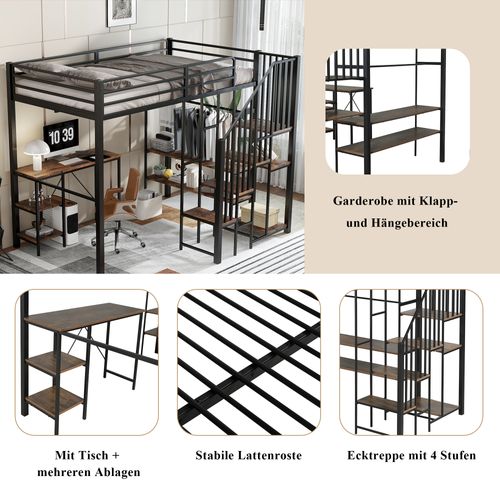 Lit Mezzanine Métal 120x200 Cm Avec Bureau, Penderie Ouverte Et Escalier-rangement