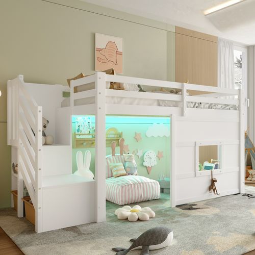 Lit Mezzanine 90x200 Cm Blanc Avec Escalier De Rangement Et Fenêtre