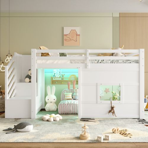 Lit Mezzanine 90x200 Cm Blanc Avec Escalier De Rangement Et Fenêtre