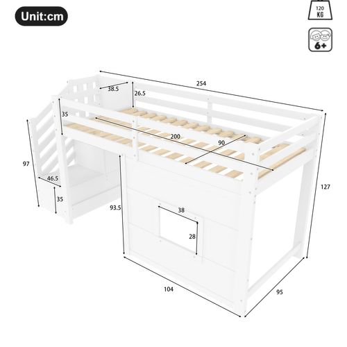Lit Mezzanine 90x200 Cm Blanc Avec Escalier De Rangement Et Fenêtre