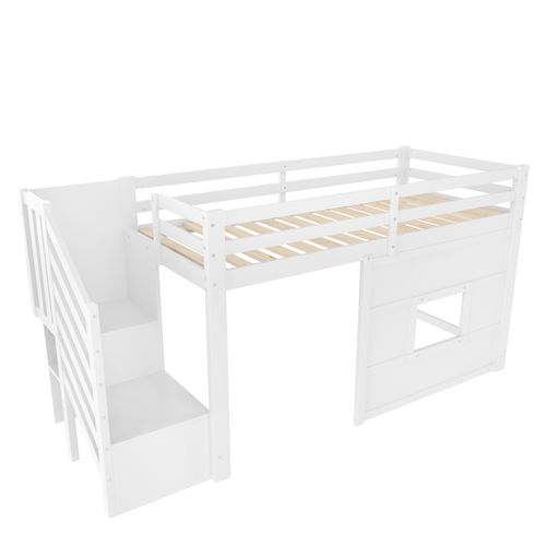 Lit Mezzanine 90x200 Cm Blanc Avec Escalier De Rangement Et Fenêtre