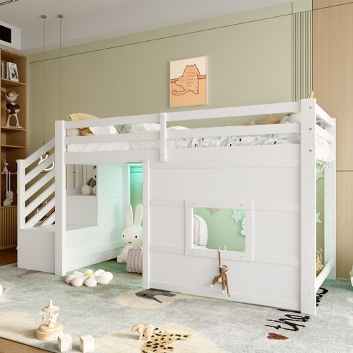 Lit Mezzanine 90x200 Cm Blanc Avec Escalier De Rangement Et Fenêtre