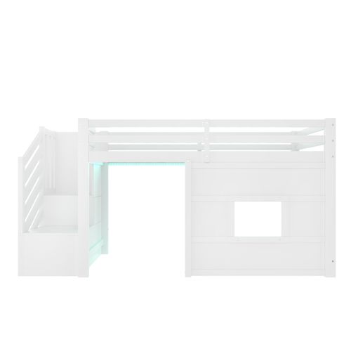 Lit Mezzanine 90x200 Cm Blanc Avec Escalier De Rangement Et Fenêtre