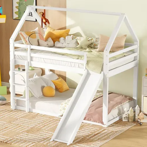 Lit Cabane Superposé 90x200 Cm Avec Toboggan Et échelle, Blanc