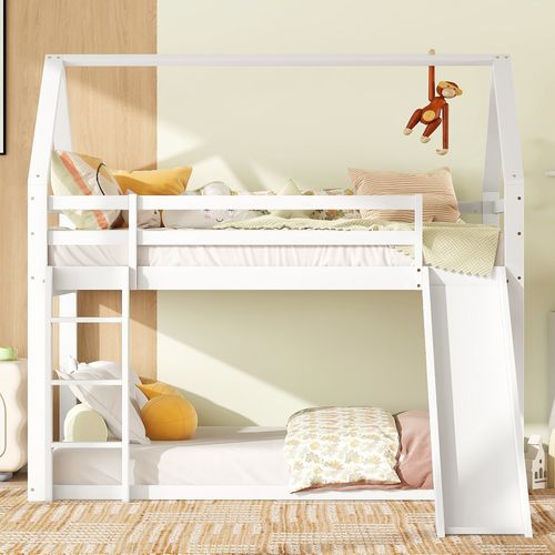 Lit Cabane Superposé 90x200 Cm Avec Toboggan Et échelle, Blanc