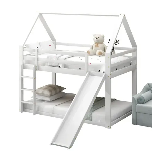 Lit Cabane Superposé 90x200 Cm Avec Toboggan Et échelle, Blanc
