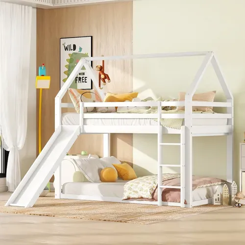 Lit Cabane Superposé 90x200 Cm Avec Toboggan Et échelle, Blanc