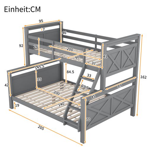 Lit Superposé 90x200/140x200 Cm Convertible En 2 Lits, Bois Gris