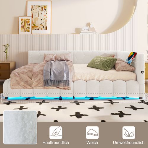 Lit D'appoint 140x200 Cm En Velours Avec LED Multicolore, Rangement Hydraulique, Blanc