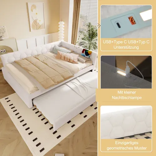 Lit Enfant 140x200 Cm En Velours Avec Canapé-lit Extensible, Lampe Et Ports USB/type-c, Rose