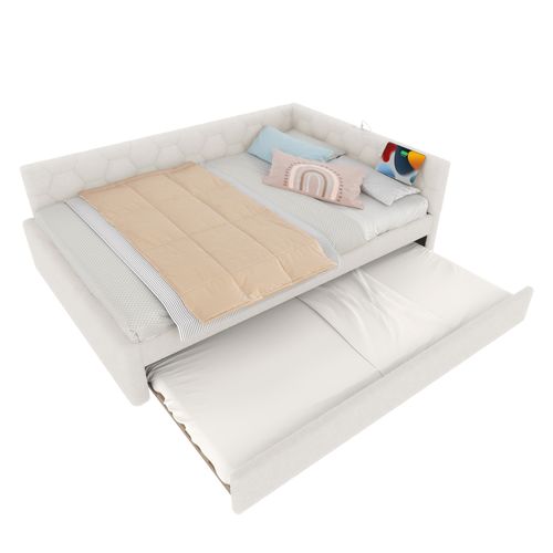 Lit Enfant 140x200 Cm En Velours Avec Canapé-lit Extensible, Lampe Et Ports USB/type-c, Rose