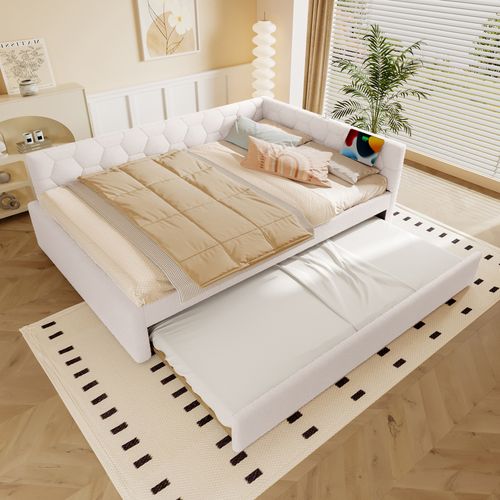 Lit Enfant 140x200 Cm En Velours Avec Canapé-lit Extensible, Lampe Et Ports USB/type-c, Rose