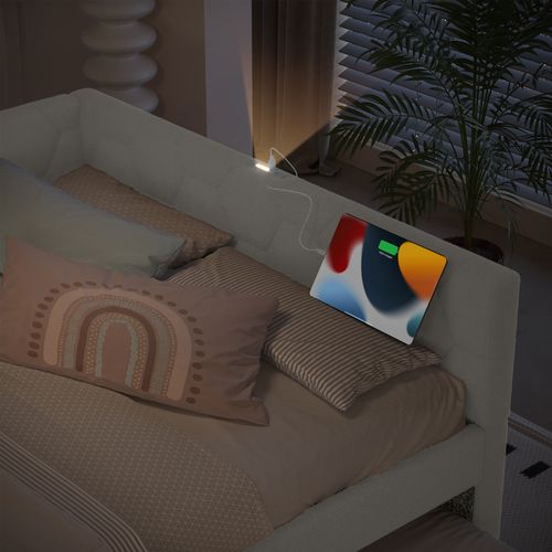 Lit Enfant 140x200 Cm En Velours Avec Canapé-lit Extensible, Lampe Et Ports USB/type-c, Rose