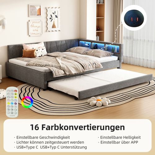 Lit Gigogne 140x200 Cm Gris Avec Tiroir, LED, USB Et étagères Intégrées