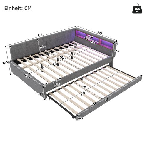 Lit Gigogne 140x200 Cm Gris Avec Tiroir, LED, USB Et étagères Intégrées