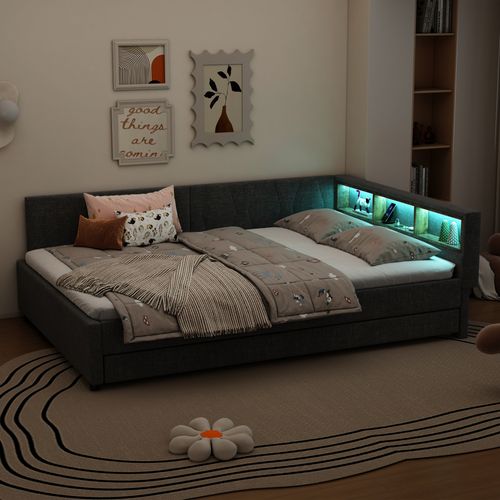 Lit Gigogne 140x200 Cm Gris Avec Tiroir, LED, USB Et étagères Intégrées