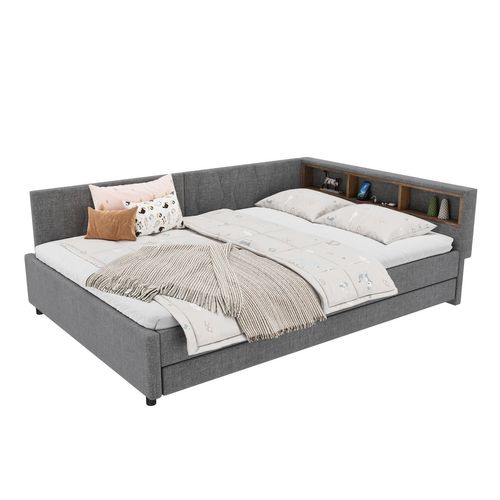 Lit Gigogne 140x200 Cm Gris Avec Tiroir, LED, USB Et étagères Intégrées