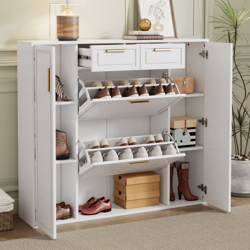 Meuble à Chaussures Blanc Avec étagères Réglables, 2 Tiroirs Et 2 Portes, 120x107x24 Cm