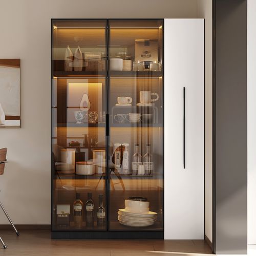 Armoire Haute Multifonction Avec Vitrine LED Et Tiroir Latéral, Blanc Et Noir, 110×35×160 Cm