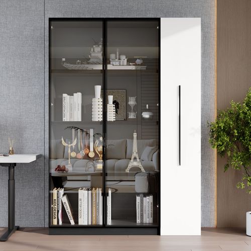 Armoire Haute Multifonction Avec Vitrine LED Et Tiroir Latéral, Blanc Et Noir, 110×35×160 Cm