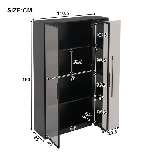 Armoire Haute Multifonction Avec Vitrine LED Et Tiroir Latéral, Blanc Et Noir, 110×35×160 Cm