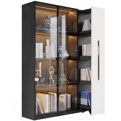 Armoire Haute Multifonction Avec Vitrine LED Et Tiroir Latéral, Blanc Et Noir, 110×35×160 Cm