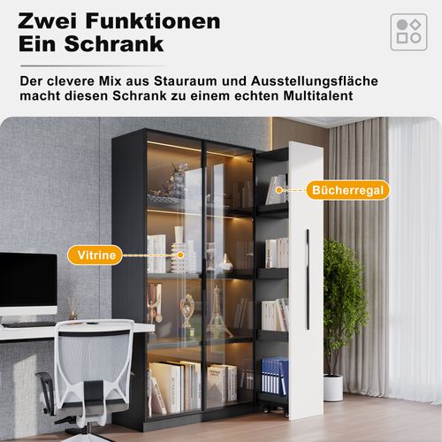 Armoire Haute Multifonction Avec Vitrine LED Et Tiroir Latéral, Blanc Et Noir, 110×35×160 Cm