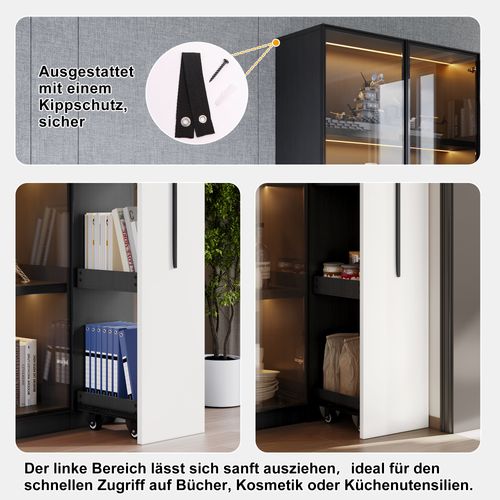 Armoire Haute Multifonction Avec Vitrine LED Et Tiroir Latéral, Blanc Et Noir, 110×35×160 Cm