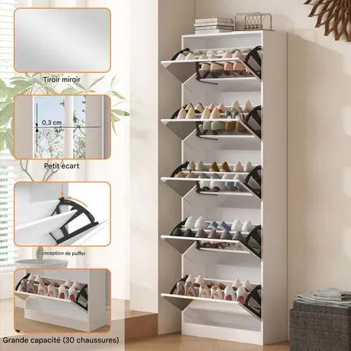 Meuble à Chaussures Miroir 5 Abattants, Rangement Double Niveau, 185 cm, Blanc