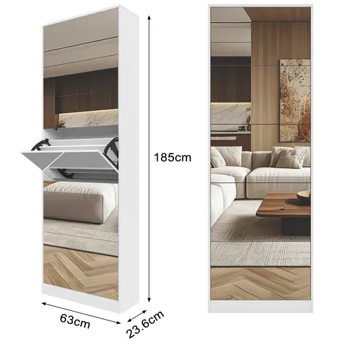 Meuble à Chaussures Miroir 5 Abattants, Rangement Double Niveau, 185 cm, Blanc