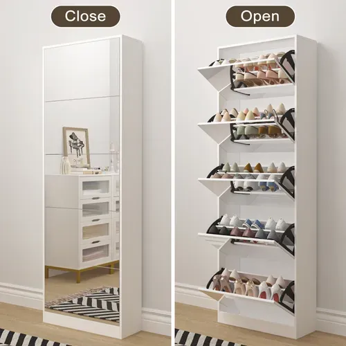 Meuble à Chaussures Miroir 5 Abattants, Rangement Double Niveau, 185 cm, Blanc