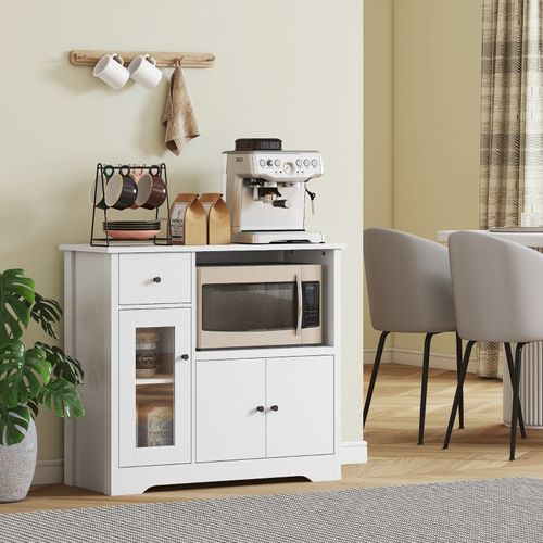 Buffet Micro-ondes Blanc Avec 3 Portes, Tiroir Et étagères Réglables, 80 cm