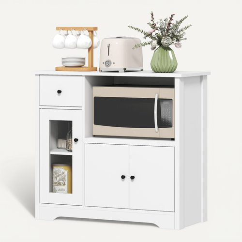 Buffet Micro-ondes Blanc Avec 3 Portes, Tiroir Et étagères Réglables, 80 cm