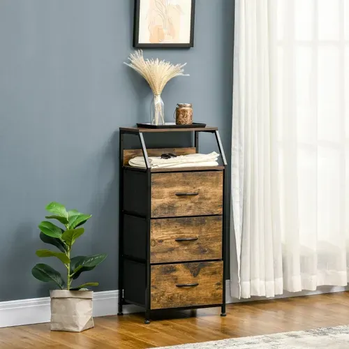 Commode En Tissu à 3 Tiroirs Avec Structure Acier, Rangement Rustique Marron