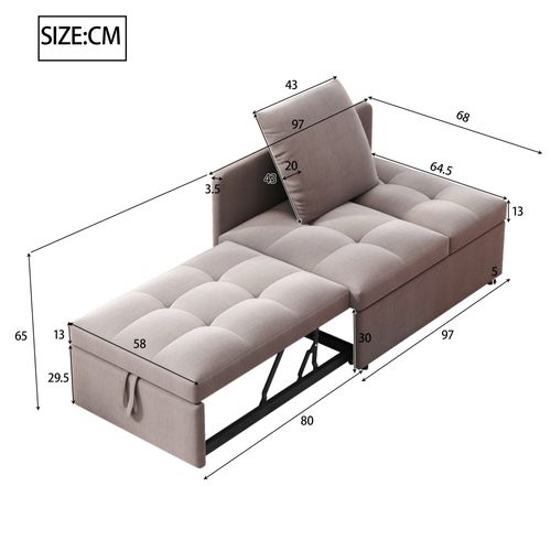 Canapé-lit 3-en-1 En Tissu Avec Dossier Réglable Et Coussin, Compact Pour Petits Espaces