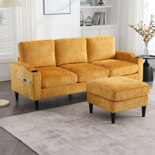 Canapé 4 Places En Velours Avec Pouf Coffre, Accoudoirs Avec Porte-gobelets Et Poches, Jaune