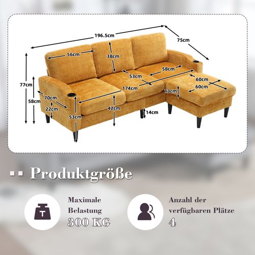 Canapé 4 Places En Velours Avec Pouf Coffre, Accoudoirs Avec Porte-gobelets Et Poches, Jaune