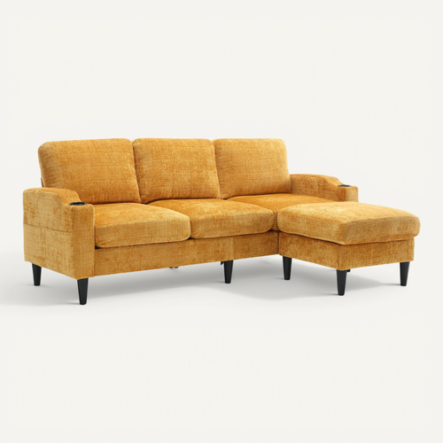 Canapé 4 Places En Velours Avec Pouf Coffre, Accoudoirs Avec Porte-gobelets Et Poches, Jaune