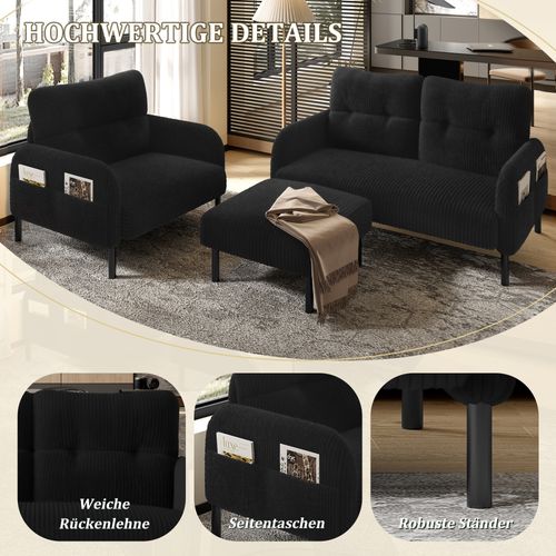 Ensemble Salon 3 pièces, Canapé 2 Places, Fauteuil Et Pouf En Velours Côtelé, Noir