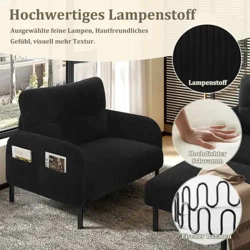 Ensemble Salon 3 pièces, Canapé 2 Places, Fauteuil Et Pouf En Velours Côtelé, Noir