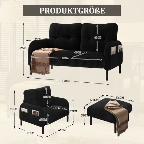 Ensemble Salon 3 pièces, Canapé 2 Places, Fauteuil Et Pouf En Velours Côtelé, Noir