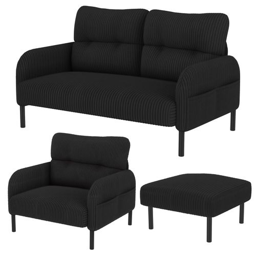 Ensemble Salon 3 pièces, Canapé 2 Places, Fauteuil Et Pouf En Velours Côtelé, Noir