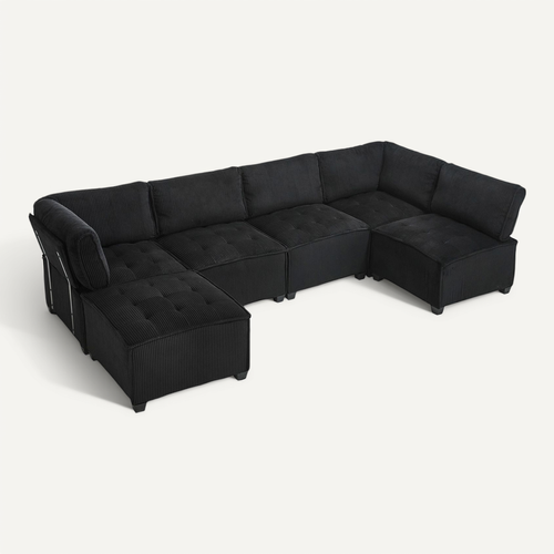 Canapé Modulaire 6 Places En Tissu Côtelé Noir, Forme U/l Ou Convertible, 308 Cm