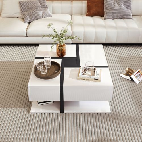 Table Basse Carrée Haute Brillance Avec 4 Tiroirs Et étagère – 78 X 78 X 36 Cm