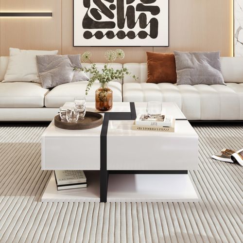 Table Basse Carrée Haute Brillance Avec 4 Tiroirs Et étagère – 78 X 78 X 36 Cm