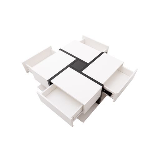 Table Basse Carrée Haute Brillance Avec 4 Tiroirs Et étagère – 78 X 78 X 36 Cm