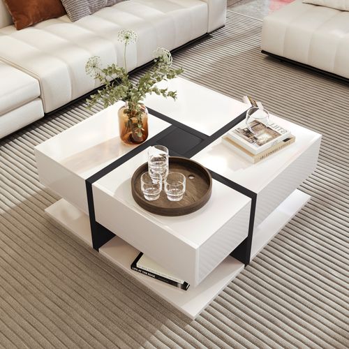 Table Basse Carrée Haute Brillance Avec 4 Tiroirs Et étagère – 78 X 78 X 36 Cm