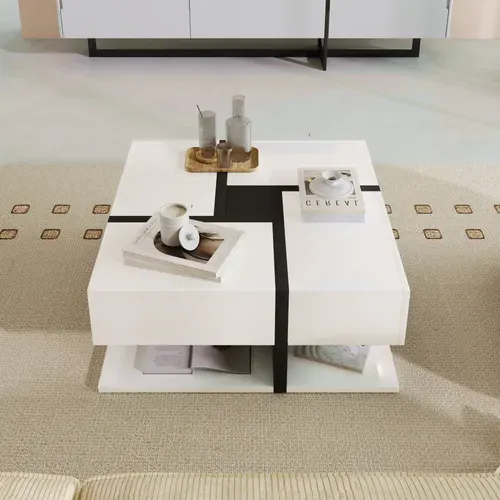 Table Basse Carrée Haute Brillance Avec 4 Tiroirs Et étagère – 78 X 78 X 36 Cm