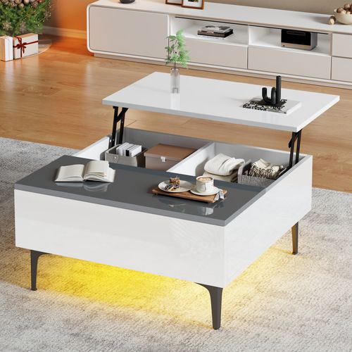 Table Basse Blanche LED Multifonction, Plateau Relevable, Rangement Intégré 70x70x35 Cm